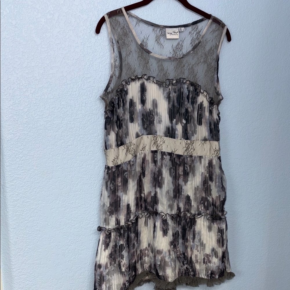 Young Threads Lace Overlay Floral Grey Light Blue White Dress Size L